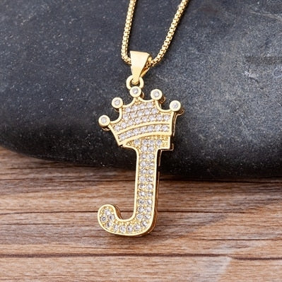 Luxury Copper Zircon A-Z Crown Alphabet Pendant Chain Necklace