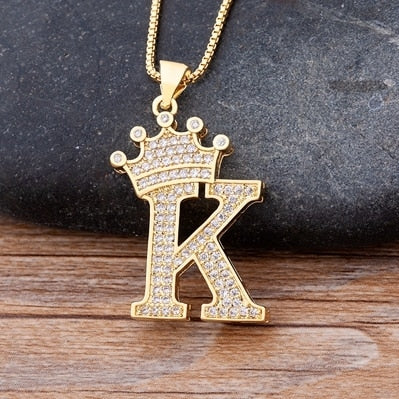 Luxury Copper Zircon A-Z Crown Alphabet Pendant Chain Necklace