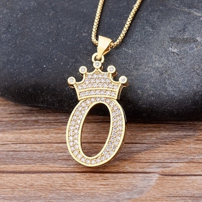 Luxury Copper Zircon A-Z Crown Alphabet Pendant Chain Necklace