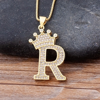 Luxury Copper Zircon A-Z Crown Alphabet Pendant Chain Necklace