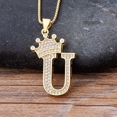 Luxury Copper Zircon A-Z Crown Alphabet Pendant Chain Necklace