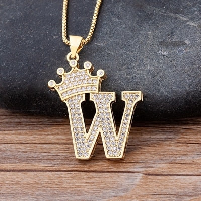 Luxury Copper Zircon A-Z Crown Alphabet Pendant Chain Necklace