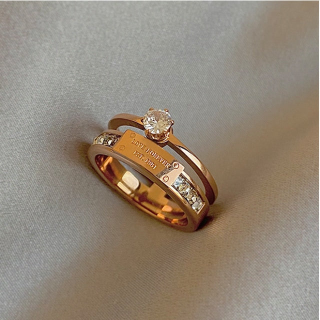 Classic Titanium Steel Rose Gold Double Letter Ring