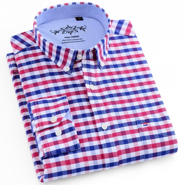 Long Sleeve Oxford Plaid Striped Casual Shirt