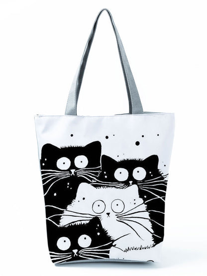 White Cute Cat Printed Fabric Eco Handbag