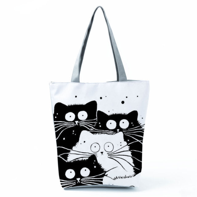 White Cute Cat Printed Fabric Eco Handbag