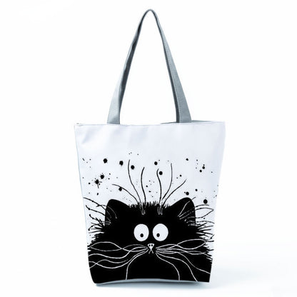 White Cute Cat Printed Fabric Eco Handbag