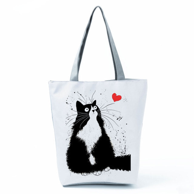 White Cute Cat Printed Fabric Eco Handbag