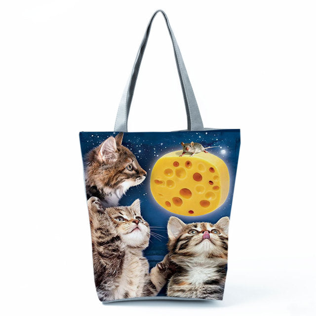 White Cute Cat Printed Fabric Eco Handbag