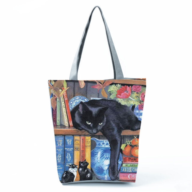 White Cute Cat Printed Fabric Eco Handbag