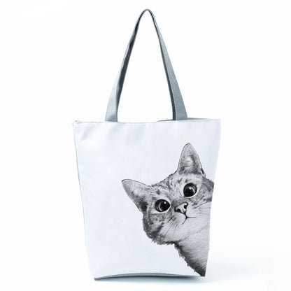 White Cute Cat Printed Fabric Eco Handbag