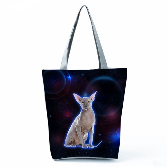 White Cute Cat Printed Fabric Eco Handbag