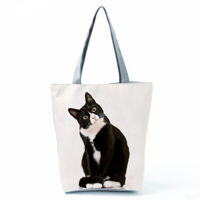 White Cute Cat Printed Fabric Eco Handbag