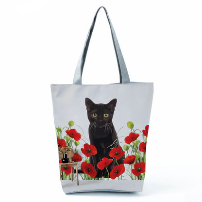 White Cute Cat Printed Fabric Eco Handbag