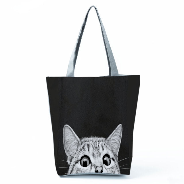 White Cute Cat Printed Fabric Eco Handbag