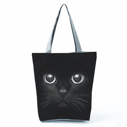 White Cute Cat Printed Fabric Eco Handbag