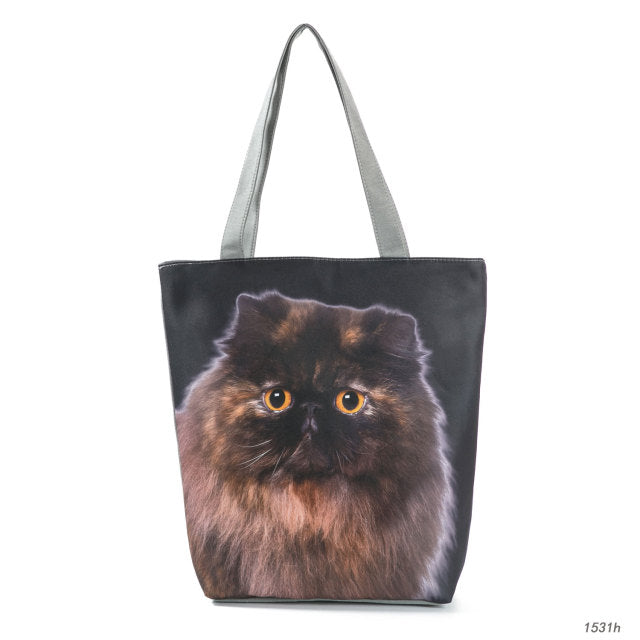 White Cute Cat Printed Fabric Eco Handbag