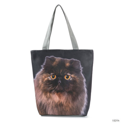 White Cute Cat Printed Fabric Eco Handbag