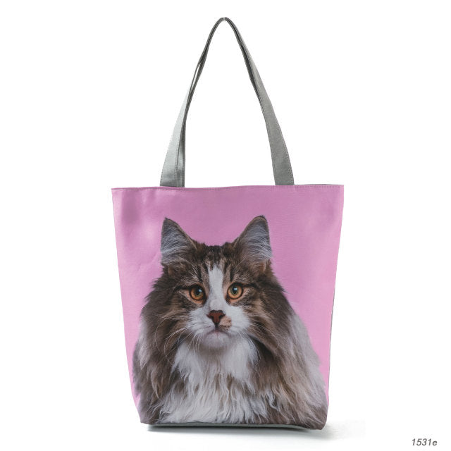 White Cute Cat Printed Fabric Eco Handbag