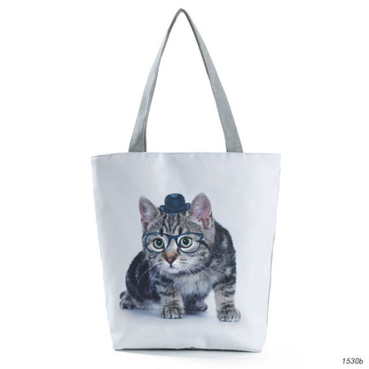 White Cute Cat Printed Fabric Eco Handbag