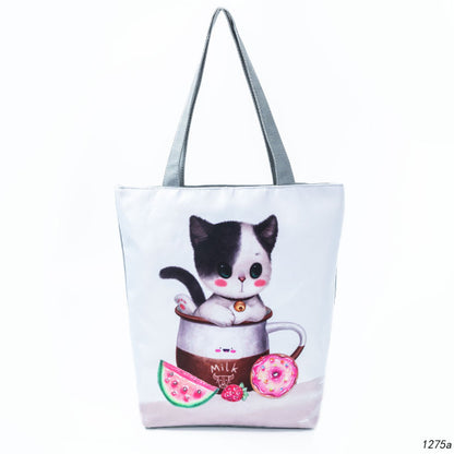 White Cute Cat Printed Fabric Eco Handbag