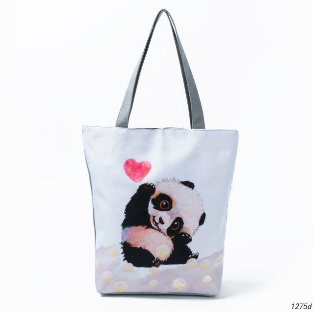 White Cute Cat Printed Fabric Eco Handbag