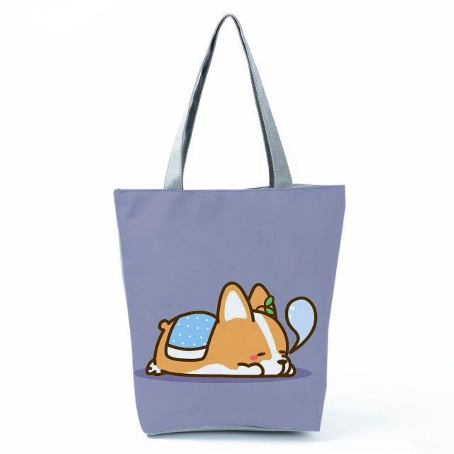 White Cute Cat Printed Fabric Eco Handbag