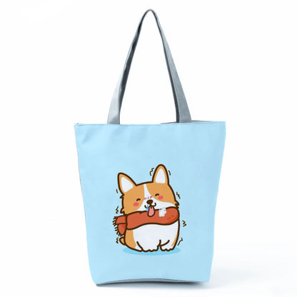 White Cute Cat Printed Fabric Eco Handbag