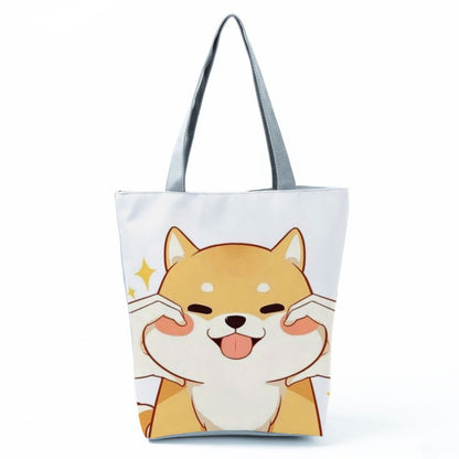 White Cute Cat Printed Fabric Eco Handbag