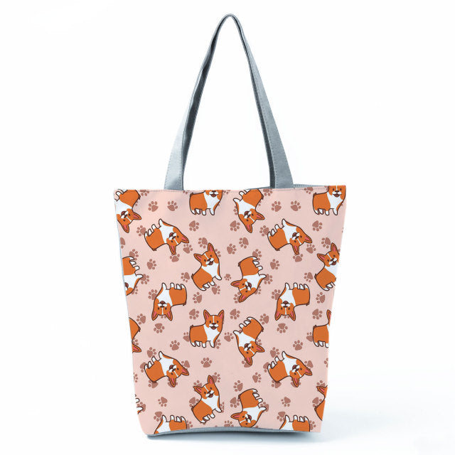 White Cute Cat Printed Fabric Eco Handbag