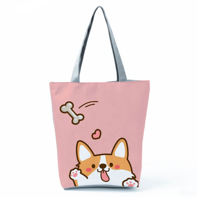 White Cute Cat Printed Fabric Eco Handbag