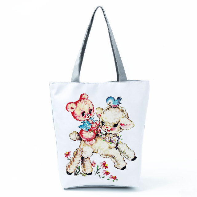 White Cute Cat Printed Fabric Eco Handbag