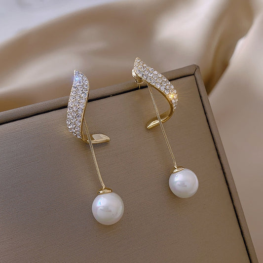 Classic Elegant Simulated-pearl Tassel Long Crystal Earring