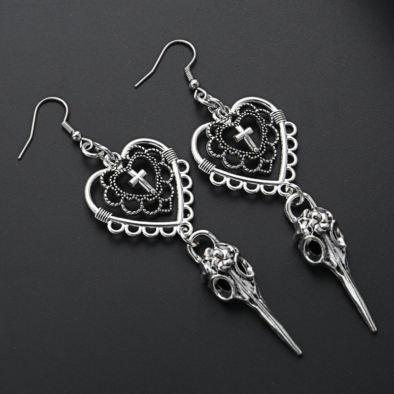 Gothic Heart Cross Bird Skull Earrings Jewellery