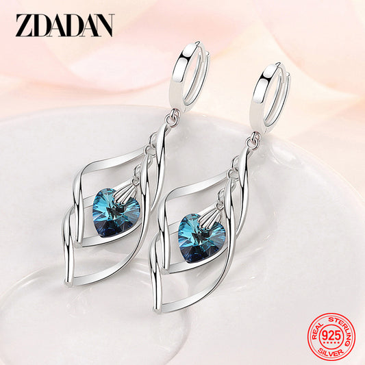 Silver Hollow Blue Crystal Long Drop Earring