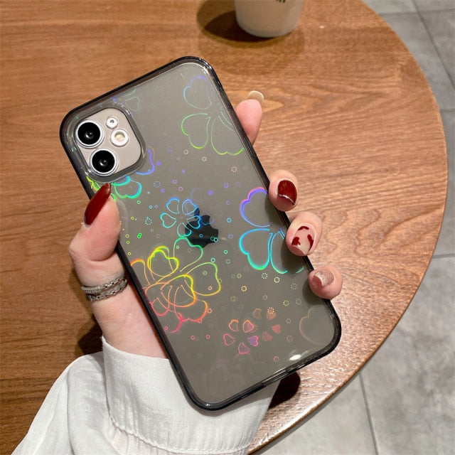 Fashion Gradient Laser Love Heart Leaf Pattern Case