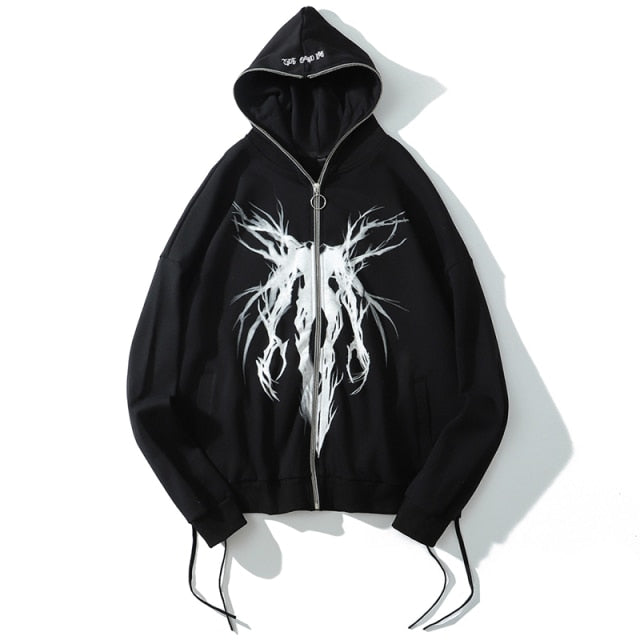 Graphic Print Zipper Ribbon Hooded