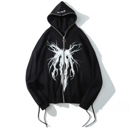 Graphic Print Zipper Ribbon Hooded