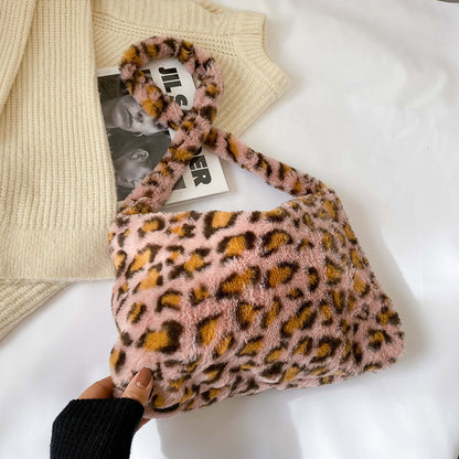 Plush Leopard Love Heart Pattern Underarm Shoulder Bag