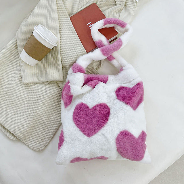 Plush Leopard Love Heart Pattern Underarm Shoulder Bag