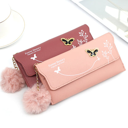 Fashionable  Long Wallets Pure Color Wool Ball