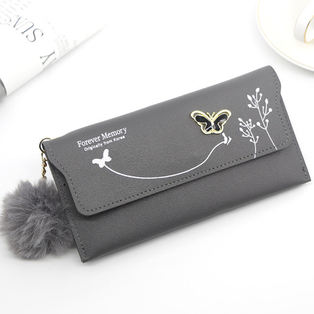 Fashionable  Long Wallets Pure Color Wool Ball