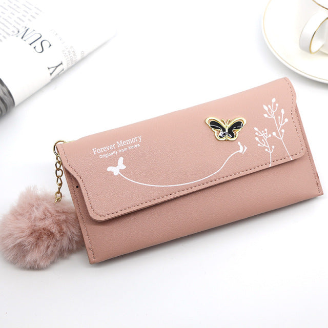 Fashionable  Long Wallets Pure Color Wool Ball