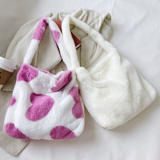 Plush Leopard Love Heart Pattern Underarm Shoulder Bag