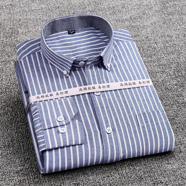 High Quality Oxford Plaid Striped Single Patch Pocket Long Sleeve