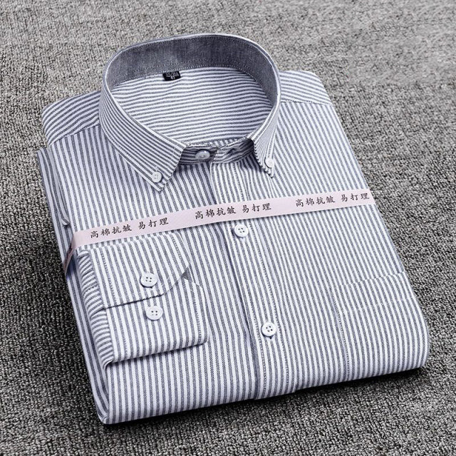 High Quality Oxford Plaid Striped Single Patch Pocket Long Sleeve