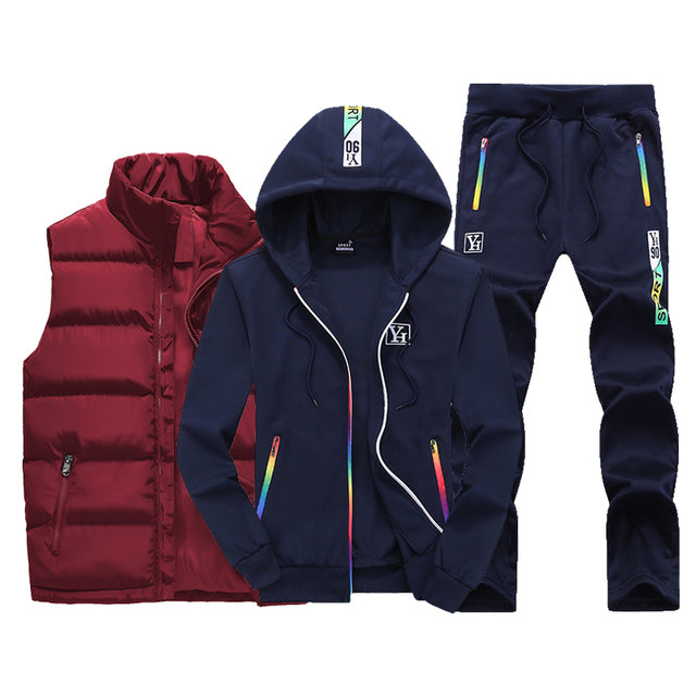 Sweat Suit New Winter Sets 3 Pieces Vest Hoodie