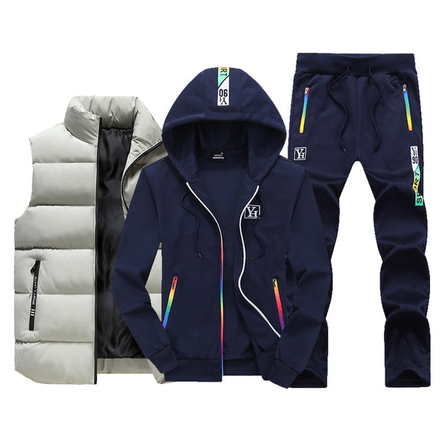 Sweat Suit New Winter Sets 3 Pieces Vest Hoodie